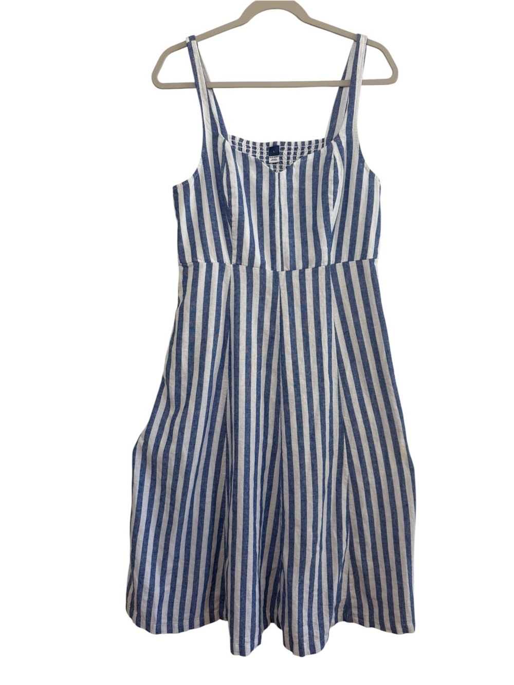 Old Navy Blue White Striped Midi Dress Linen Blend Beach Cruise Resort Pockets L - Picture 2 of 11
